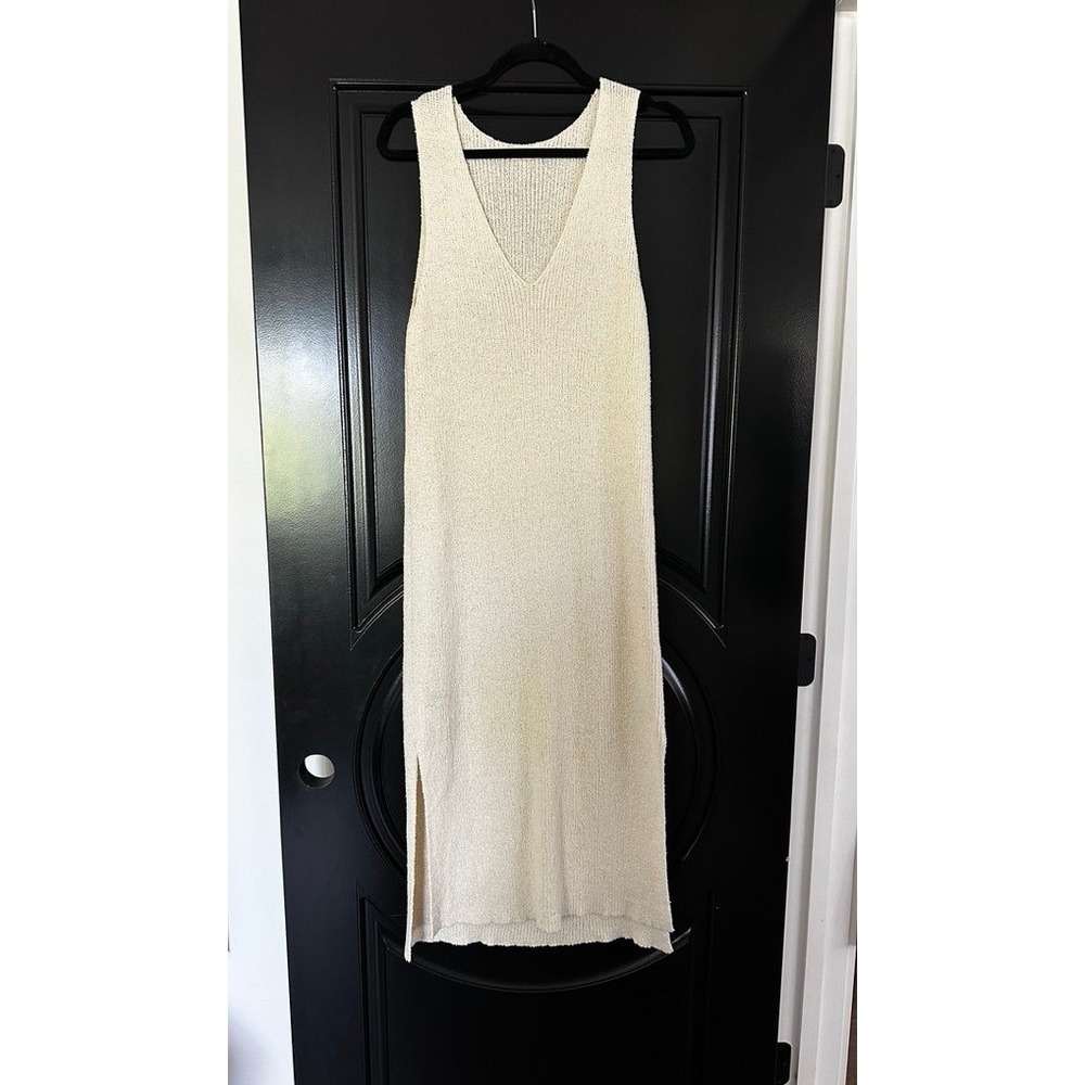 OZMA Sleeveless Knit Midi Dress Size M/L Womens Ivory Cotton V-Neck Side Slit
